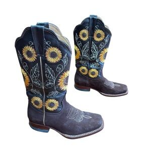 Women's Cowgirl Rodeo Western Boots Sunflower Embroidered Leather Square Toe